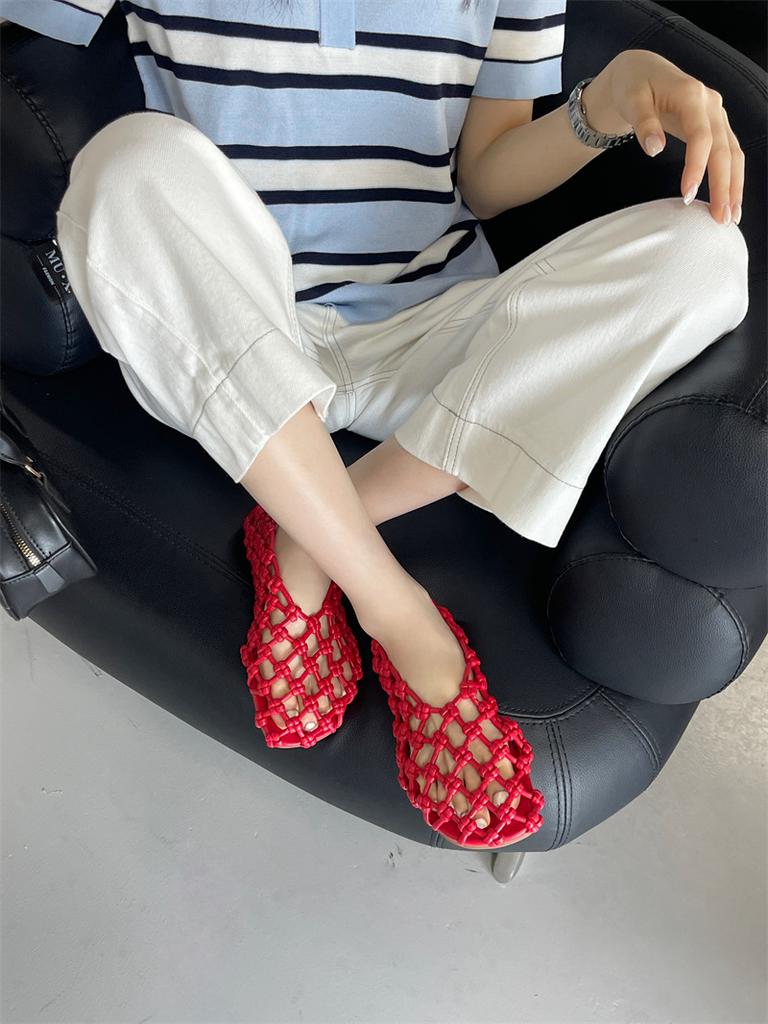 IPPEUM Women Mesh Balet Flats 2025 New Round Toe Red PU Leather Ballerina Shoes