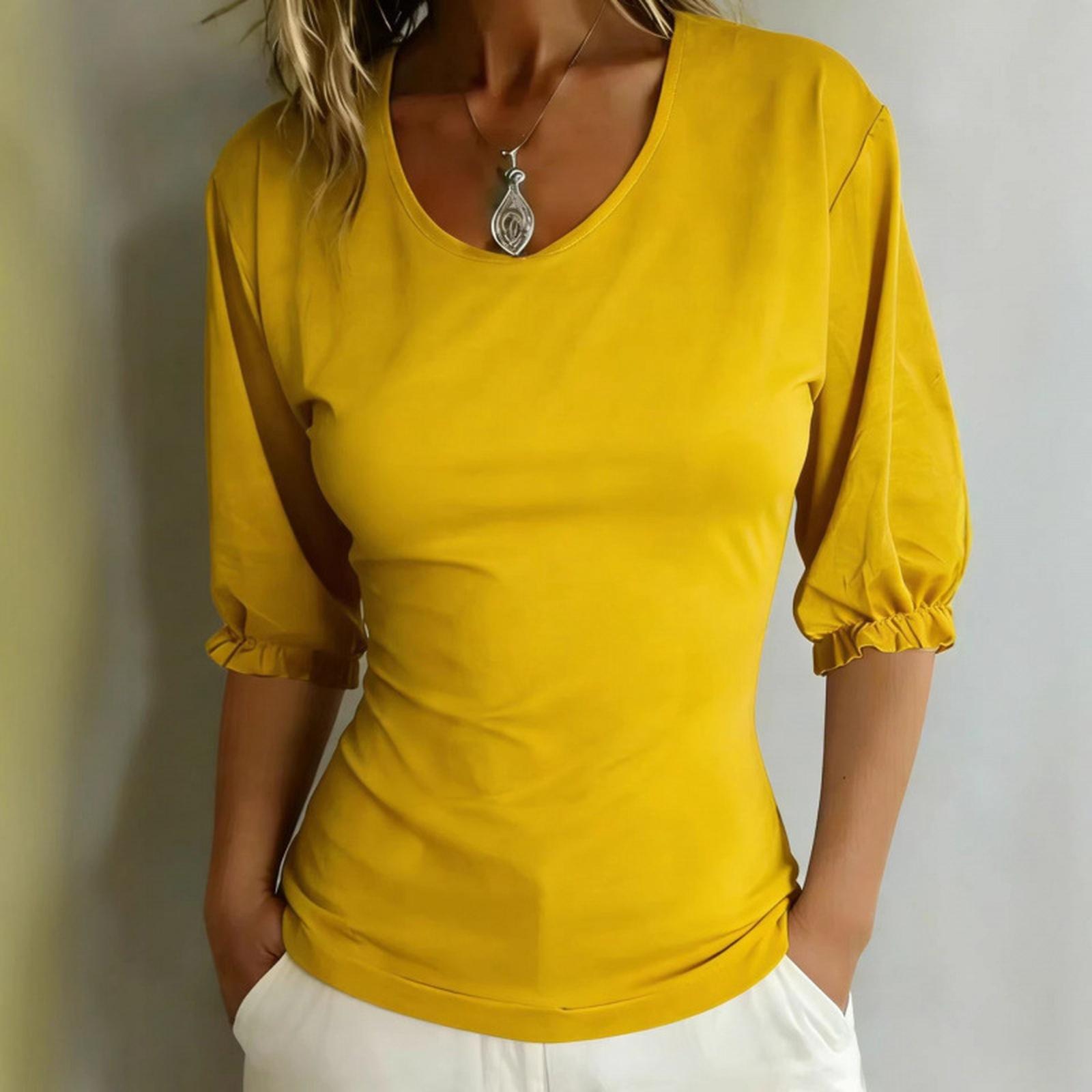 Women s Spring/Summer Casual  Color Round Neck Slim Fit Fashion Top XXXL жёлтый
