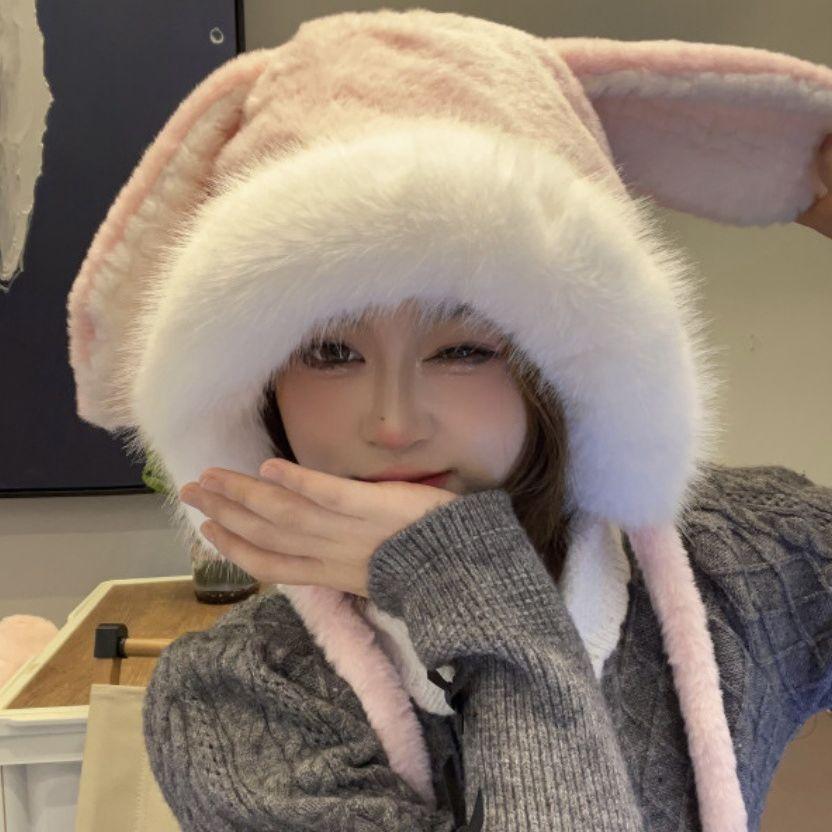 Cute Rabbit Ears Plush Hat Women'S Autumn And Winter Outdoor Riding Plush Warm Ear Protection Pullover Hat Shows Small Face