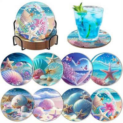 8 Pieces/set of Diamond Painted Ocean World Coasters Set with Holder DIY Coasters for Beginners and Adults, Art and Craft Supplies Gifts