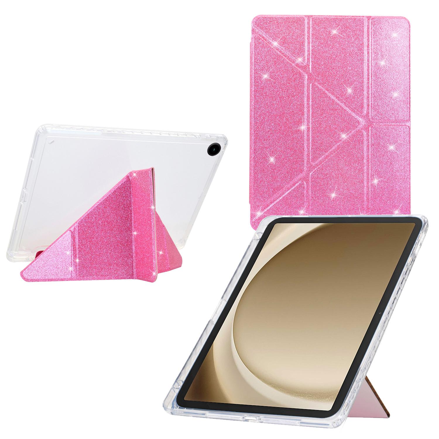 

For Samsung Galaxy Tab A9+ Case Y-Fold Stand Glitter Leather TPU Acrylic Clear Tablet Cover Pink