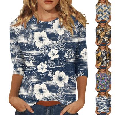 Women's Fashion Casual Round Neck 3/4 Sleeve Printed T-Shirt Ladies Top