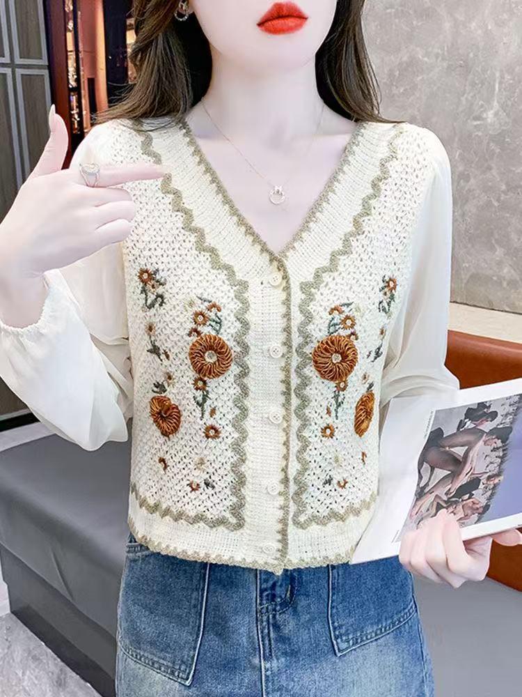 New Crochet Cardigan: Embroidered Long Sleeve Chiffon Shirt, Versatile Short Style, Sun Protection Knit Outerwear.