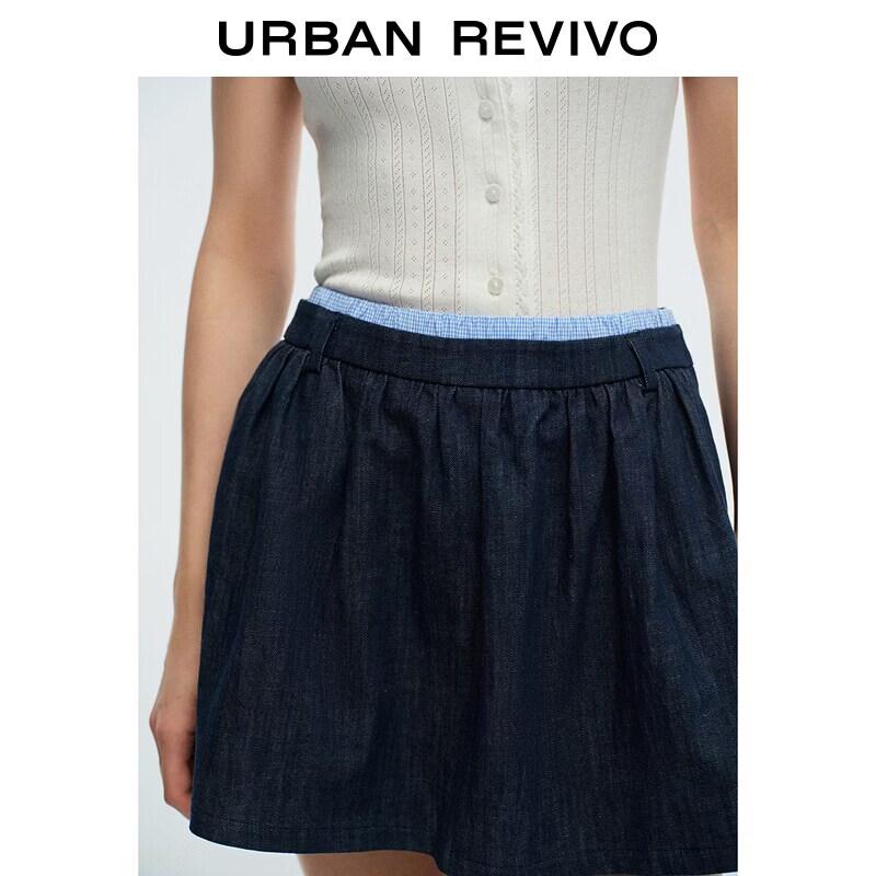 UR2026 Women's Casual Plaid Waist Denim Mini Skirt