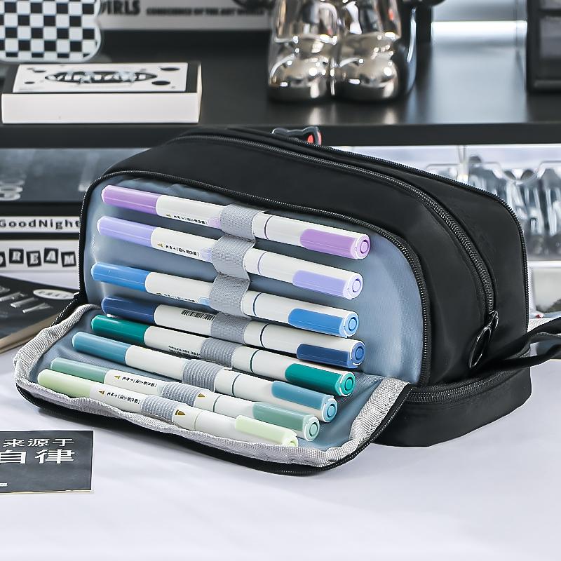 1pcs Dual-side Open Pen Bag Pencil Case 4 Compartments With Zipper & Portable Handle Storage Pouch for Stationery