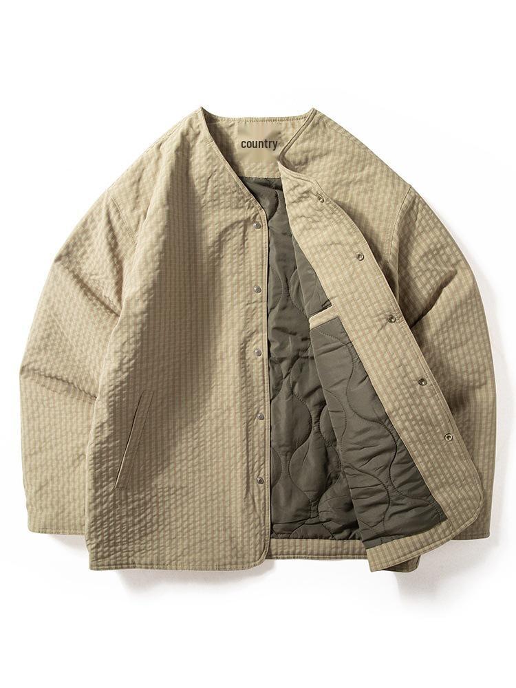 

Retro Collarless Quilted Plaid Cotton Jacket for Men - Japanese Style Warm Layering Large хакі