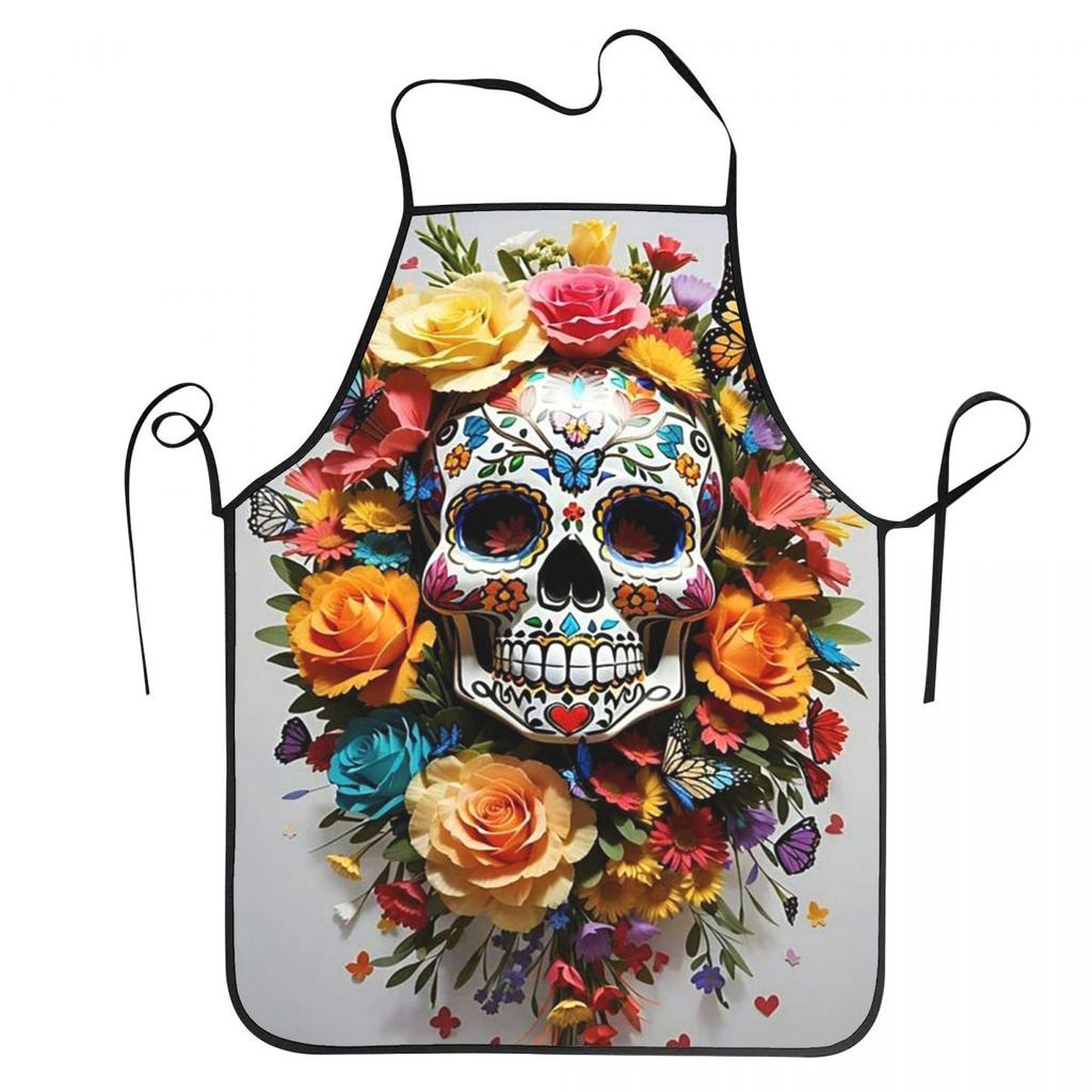 Colorful Skull Pattern Aprons Chef Baking Tablier Sleeveless Bib Kitchen Cleaning Pinafore for Women Men Gardening