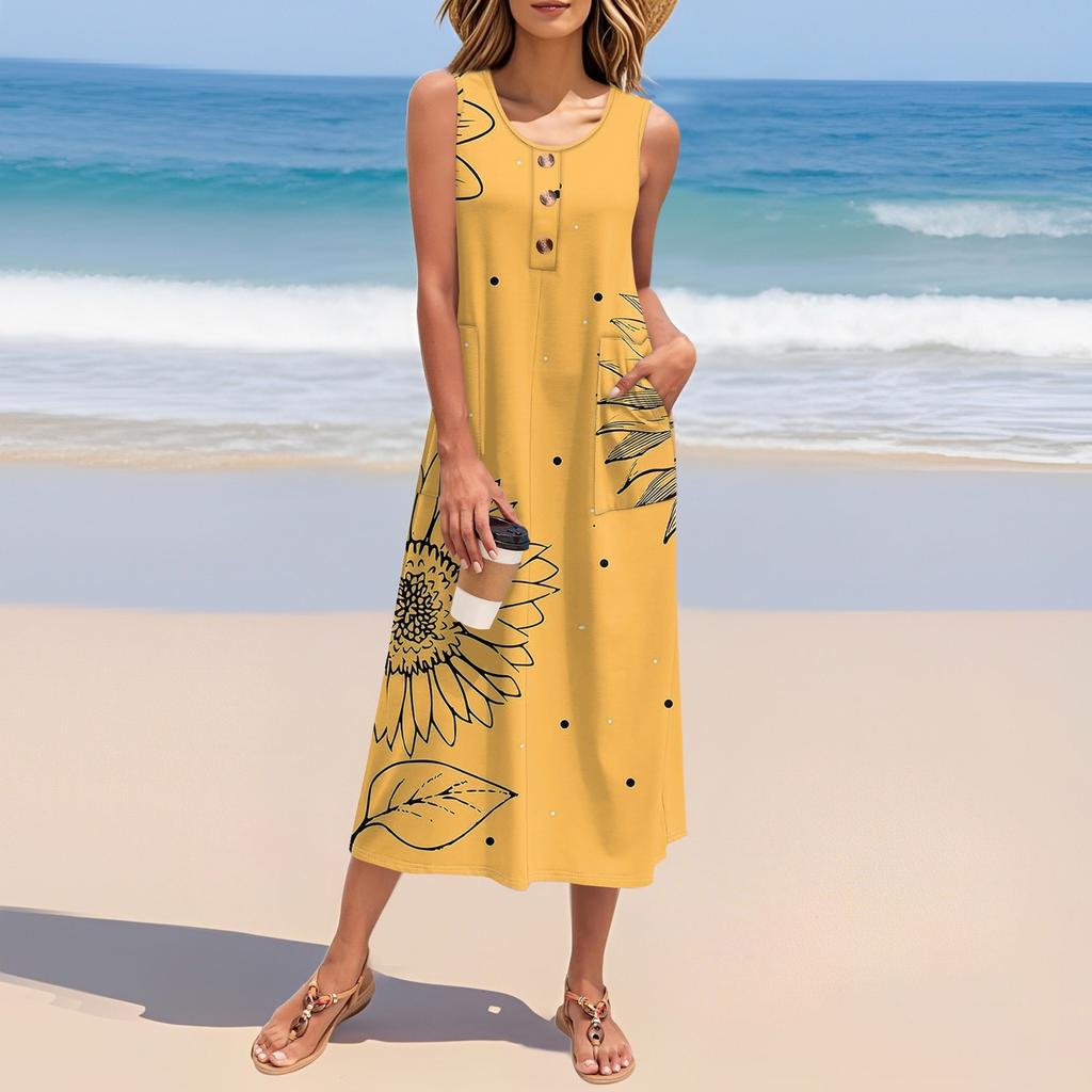 Women's Summer Floral Print Dress Sleeveless Button Down Casual Loose Long Beach Sundress