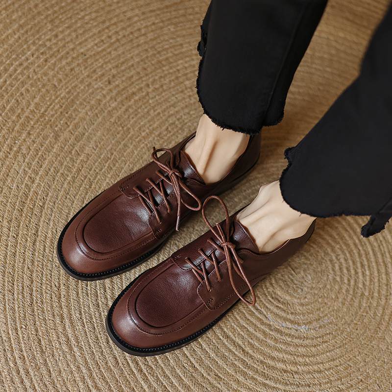 Krazing Pot Cow Skin Autumn Winter Brogues Shoes Lace Up Low Heels Size 42 Round Toe Oxford Shoes Deep Mouth Pumps