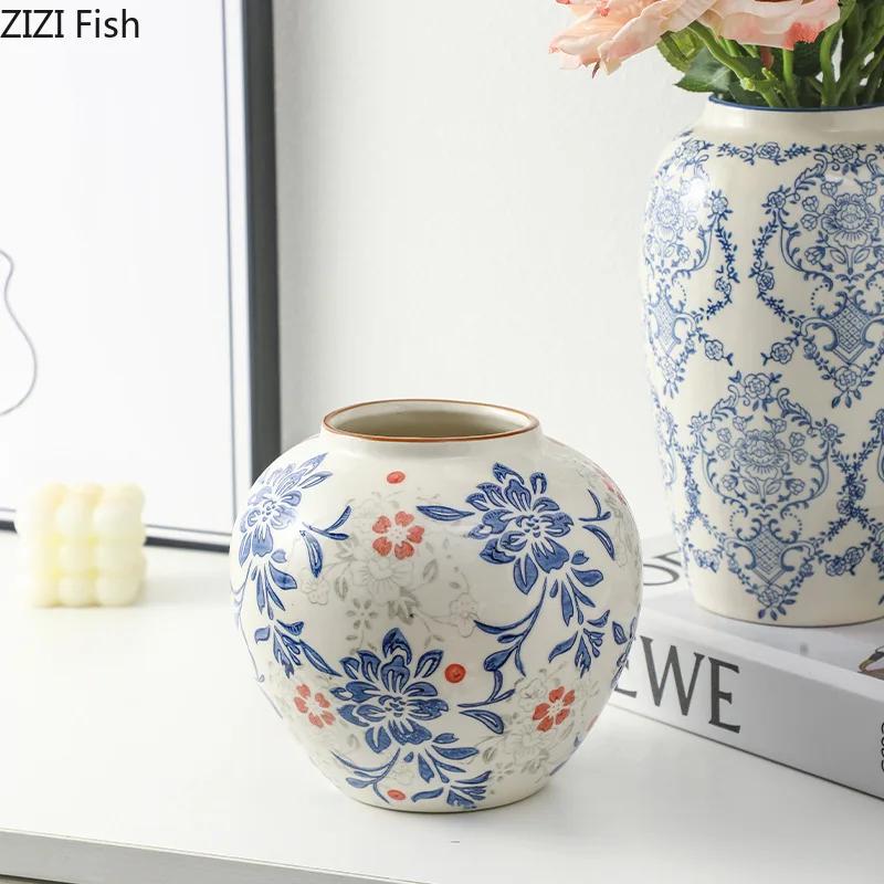 Red and White Porcelain Vase Elegant Classical Flowers Pot Desk Decoration Flower Arrangement Floral Vases Room Aesthetic Decor