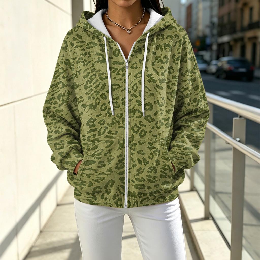 Women's Casual Loose Fit Printed -Lined Hooded Zip-Up Cardigan