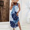 Women Sleeveless Maxi Dress Casual Loose Fit Summer Beachwear Hawaiian Print Long Dress with Side Slit for Daily Wear