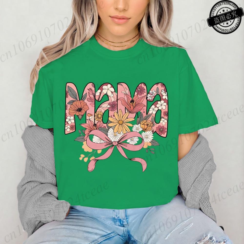 Floral Coquette T-Shirt,Pink Bow Tee Floral Mama T-Shirt for Women Vintage Retro Mama Shirt Wildflowers Mama Women's Clothing