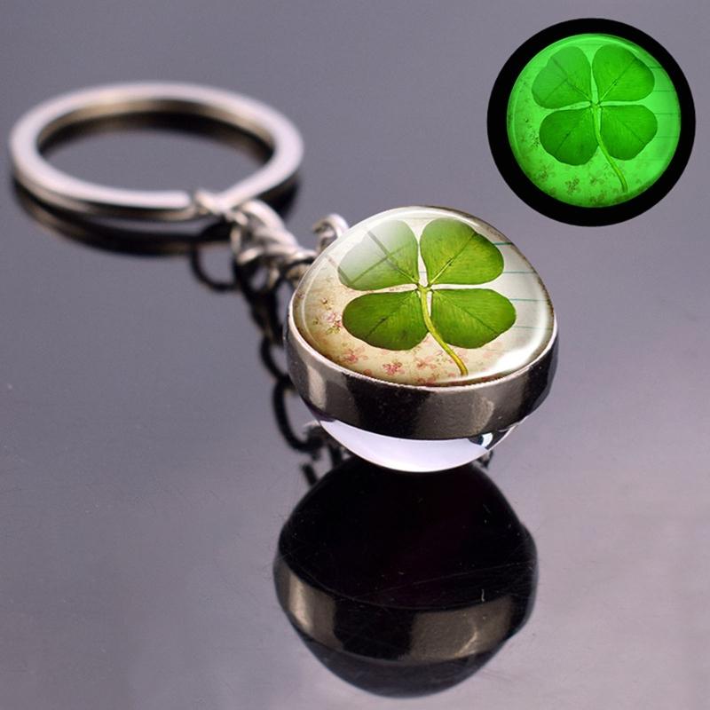 Clover Keychain Luminescent Four Leaf Clover Glass Ball Double Side Metal Pendant Keychain Lucky Jewelry Gift