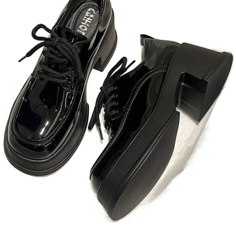 Versatile round head heightening platform small leather shoes women's 2025 new thick heel single shoes high heel soft sole loafer women's shoes black