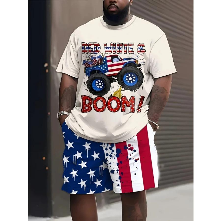 Men's Summer Short-sleeved Set, 3D Creative Flame Print And Shorts, Two-piece Casual Outdoor Fashion Set