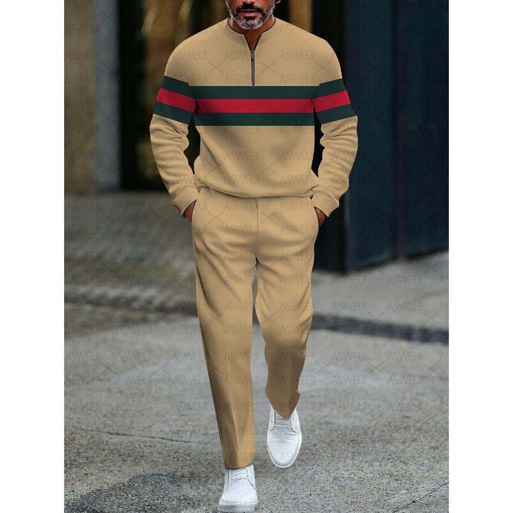 Spring Autumn 3D Printed Fashion Cool Men's Long-Sleeved Sets Half-Zipper Stand-Up Collar Men's Casual Sportswear Two-Piece Set