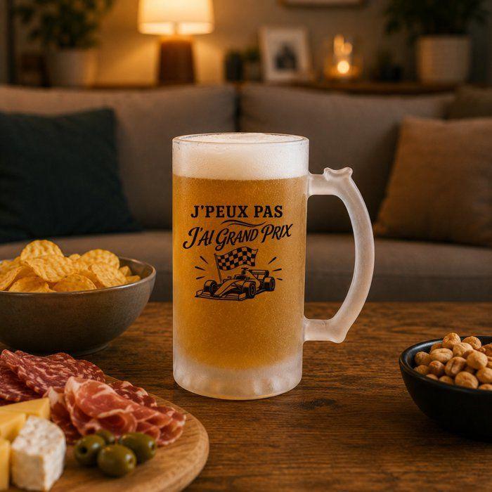 Chope à bière - PLANETEE - J'peux pas minimaliste - 470 ml - Verre trempé givré - Anse recto-verso