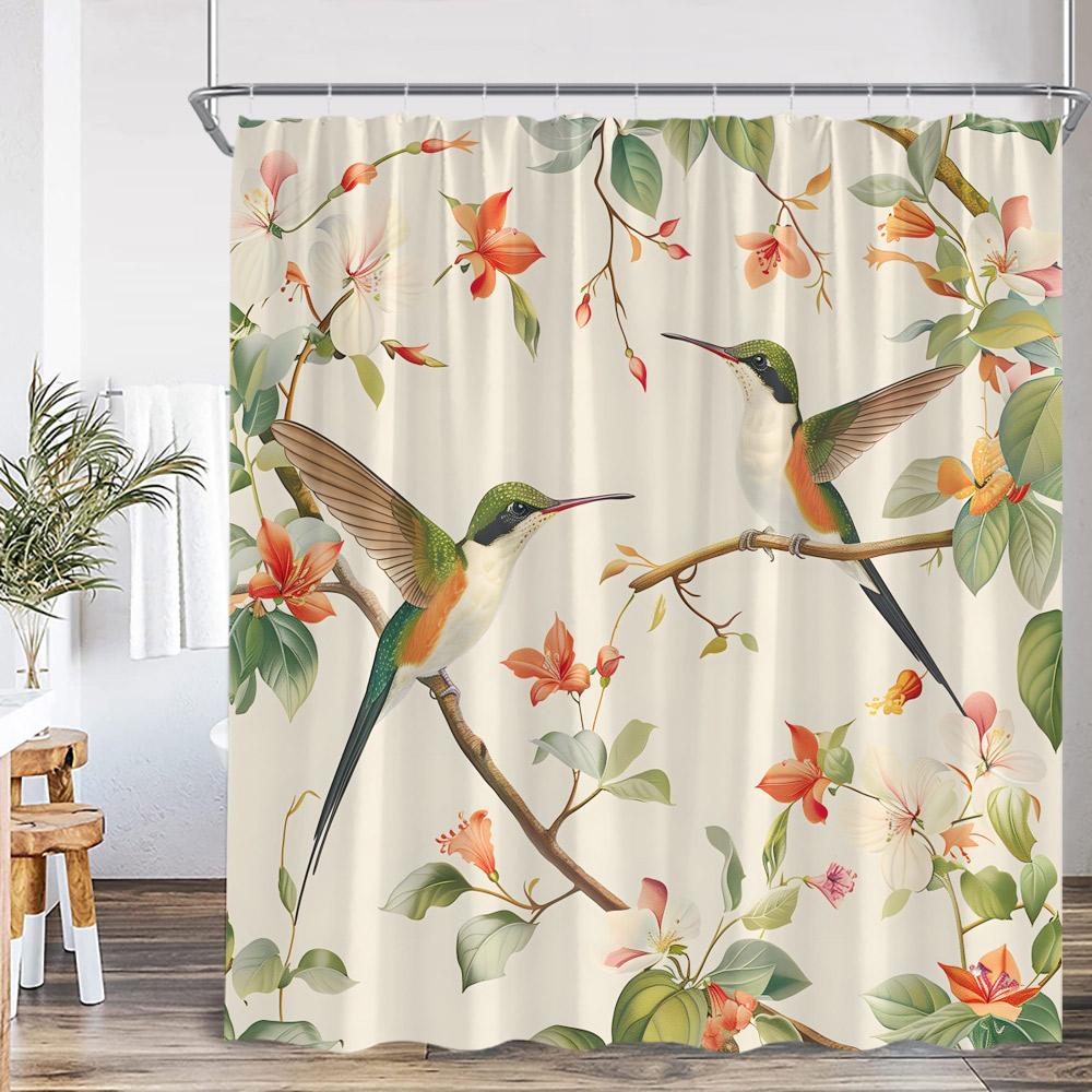 Bird Animal Shower Curtain Huumingbird Flower Floral Plant Classical Bathroom Decor Spring Autumn Polyester Bath Curtain with Ho