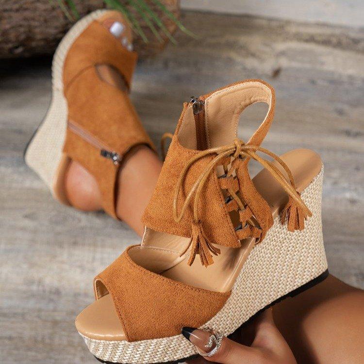 Fashion New Spring/Summer 2025 women's large-sized wedge heel sandals with tassels, high heels, muffin, thick soles and fish mouth