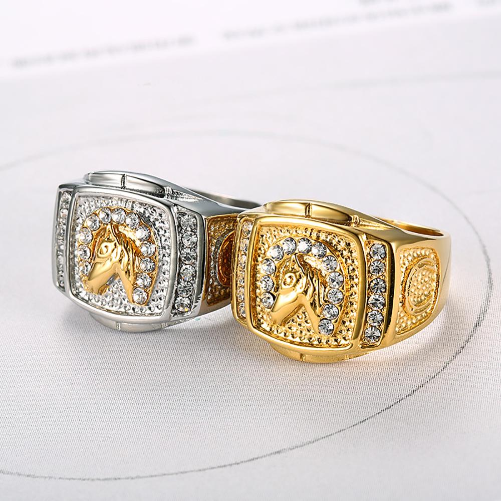 Fashion Punk Golden Color Animal Horse Head Rings for Men 316L Stainless Steel Big Rapper Ring Biker Band Hip Hop Party Jewelry