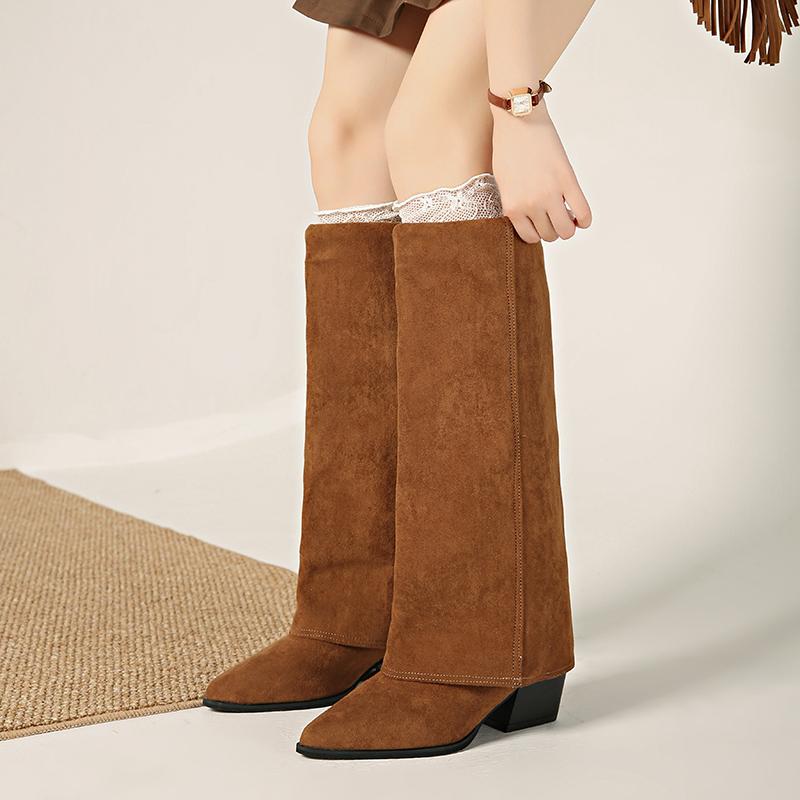 Fashion Fashion Splicing Women Knee High Boots Square Heels Party Stripper Shoes Ladies Autumn Winter Pointed Toe Long Booties