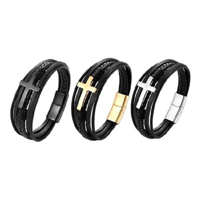 European American Stainless Steel Bracelet Men Crucifix Bracelet Leather Bangle