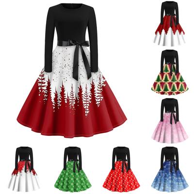 Christmas Print Flare Dress For Women Round Neck Long Sleeve Dress Casual Dresses