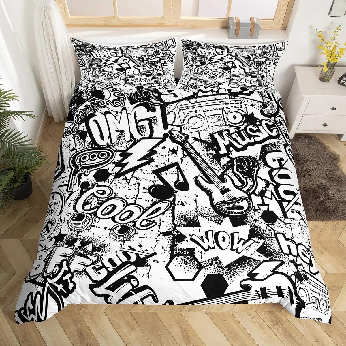 

Comforter Rock Roll Music King Queen Bedding Set Headset And Guitar Punk Graffiti Style Polyester Comforter Comforter (quilt)-EU Single(135*200cm)3pcs