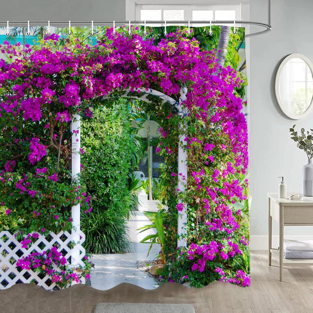 Garden Flowers Scenery Shower Curtains Natural Rustic Pink Floral Plant Modern Wall Hanging Polyester Bathroom Curtain Decor Set