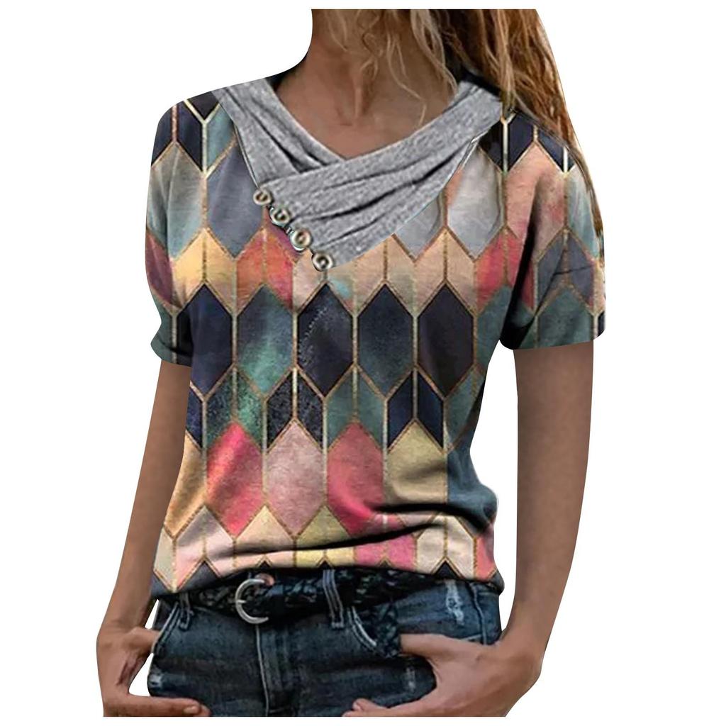 Women Tie-dye Printed Embroidery Collar Splicing Sleeve Pullover Blouse Tops