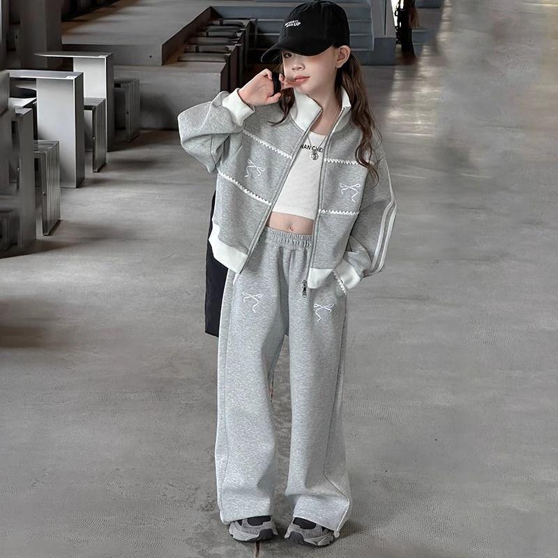 Fashionable Girls Casual Suit Spring New Korean Style Casual Cardigan Jacket Wide Leg Pants Fashion Two-piece Set For Older Children