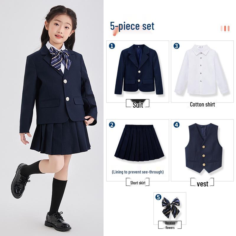Spring/Summer Kids' British College Style Navy Blue Kindergarten Uniform Set for Performances