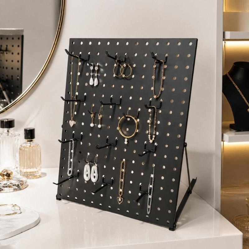 Metal Jewelry Display Rack with Open Pegboard Panel, 16 Movable Hooks and Adjustable Viewing Positions for Tabletop Retail and Craft Fair Displays
