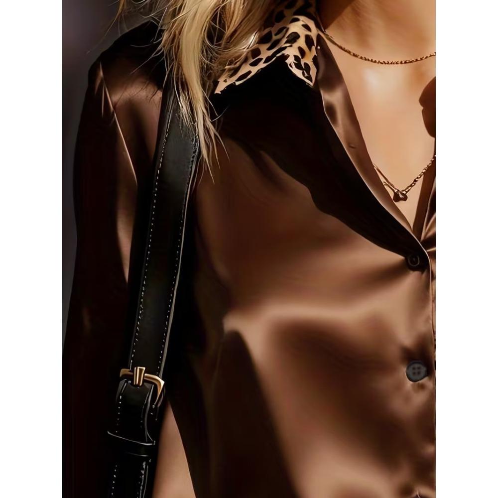 Neuankömmling: Damen-Langarm-Satinhemd im Leopardenmuster mit Color-Blocking und im Retro-Stil