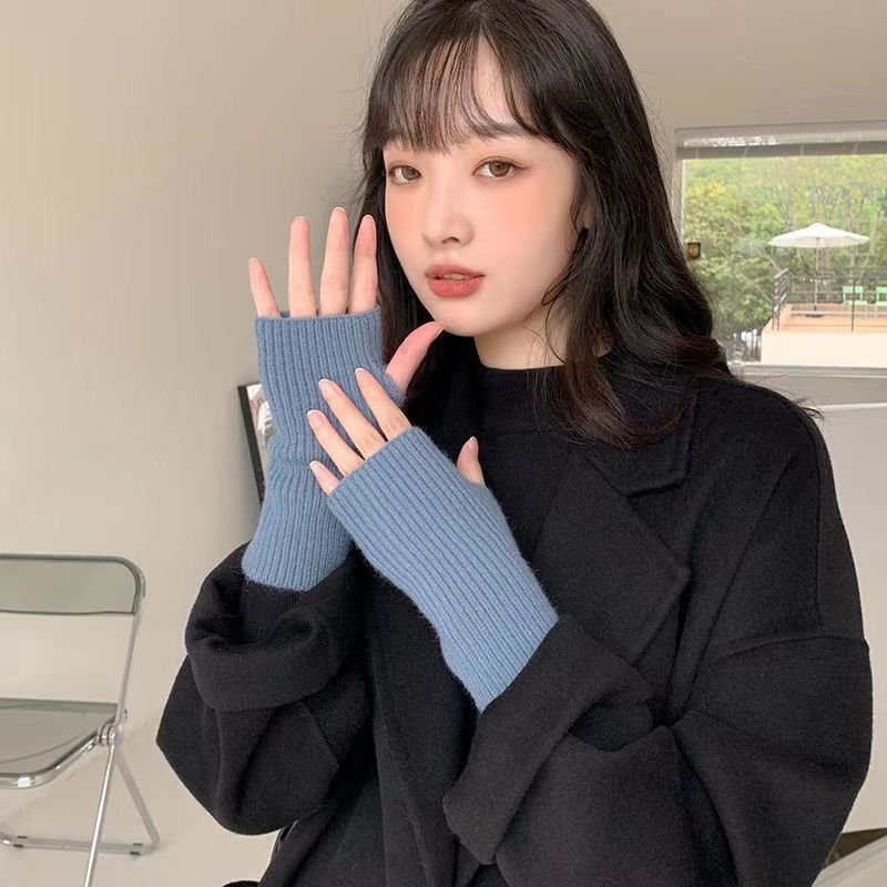 1Pair Autumn and Winter Solid Color Wool Knitted Gloves Female Open Finger Students Touch Screen Warm Gloves Thickened Knitted Wrist Guards