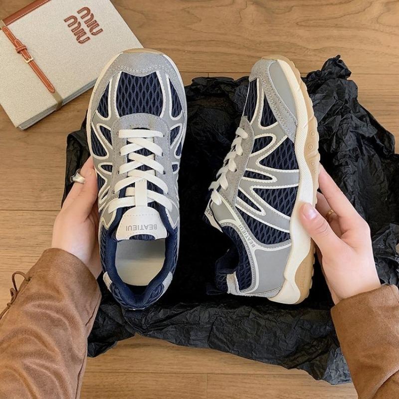 Retro silver platform sneakers women's autumn new breathable mesh casual dad shoes trend