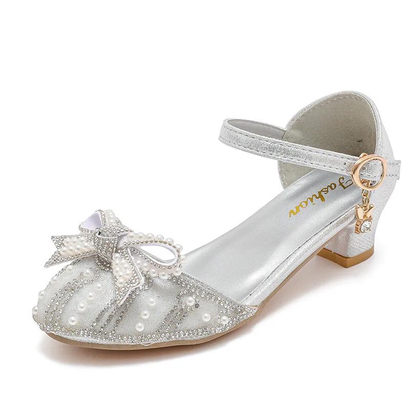 Girls' Bow Sandals 2024 Summer New Fashion Princess Shoes for Party Wedding Kids Rhinestone High Heels Children's Leather Shoes
