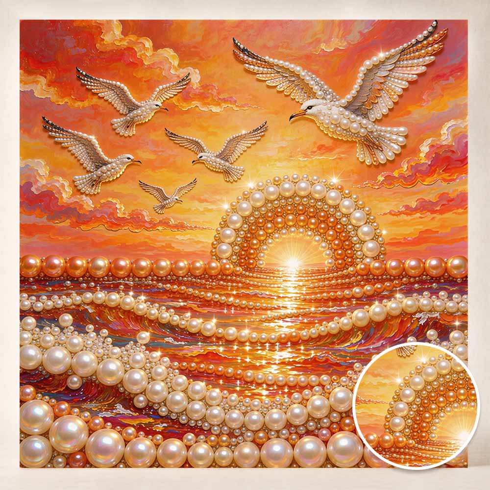 Pearl Painting Seagulls Flying Over Ocean Sunset 5D DIY Decorative Painting. Elegant Birthday Gift. Handmade Craft Art Painting