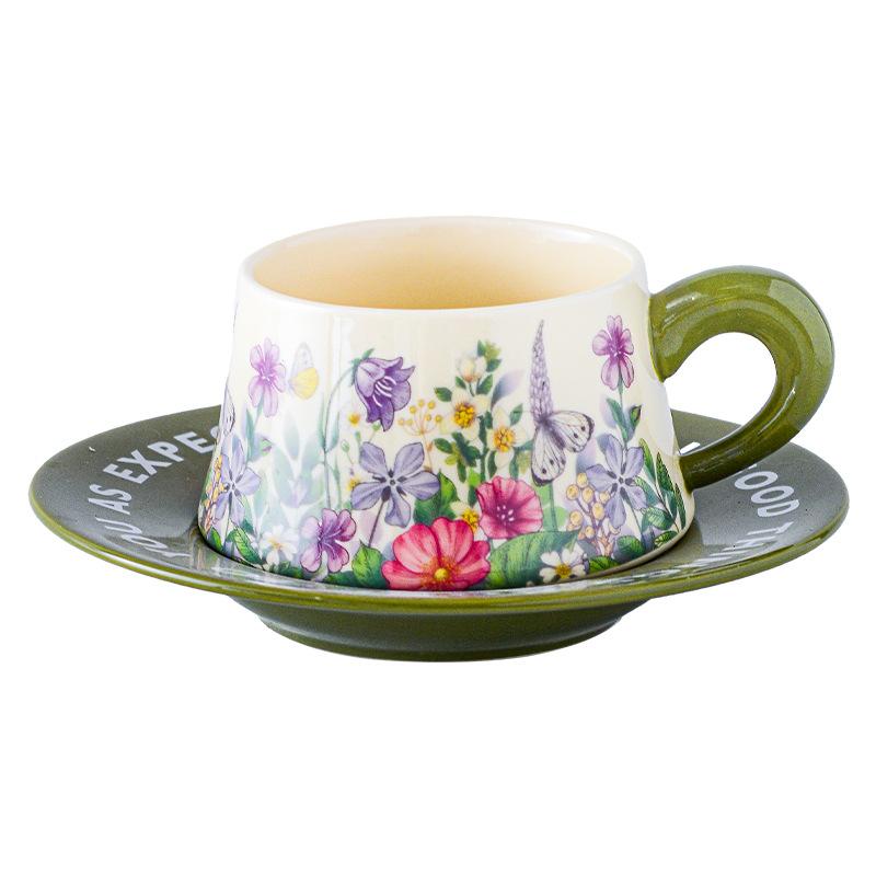 Retro Ceramic Cups And Saucers, Antique Oil Painting, Green Wind Chimes, Flower Coffee Cups And Saucers, Hepburn Style Afternoon Tea