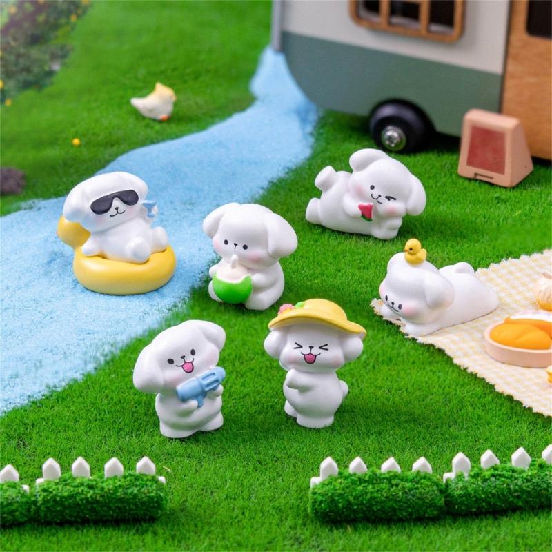 6 Piece Colorful Resins Dog Miniature Sculpture With Beach Theme Design Vacation Animal Statue Table Decoration Accent