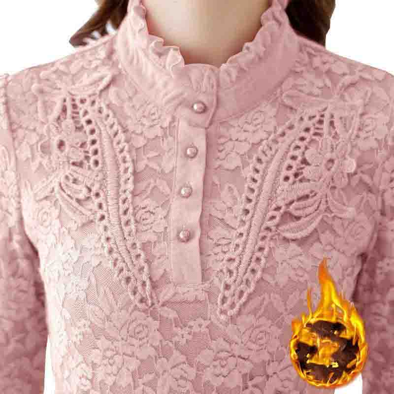 Camisa de encaje de otoño e invierno Camisa superior ajustada Camisa de mujer de talla grande con relleno de terciopelo y calidez