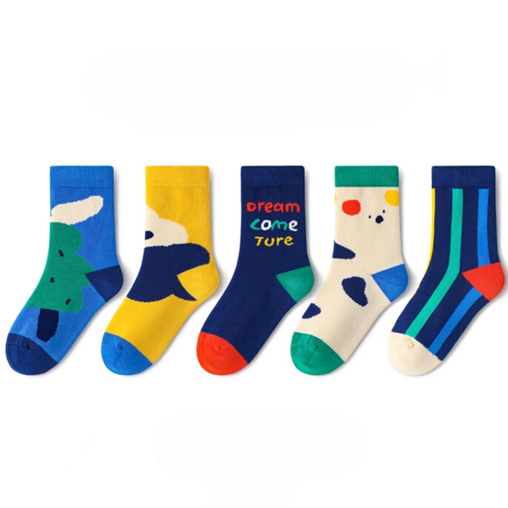 5 Pairs Colorful Colors Mid-tube Socks Children Sport School Students Socks Spring Autumn Soft Cotton Toddler  1-14Years