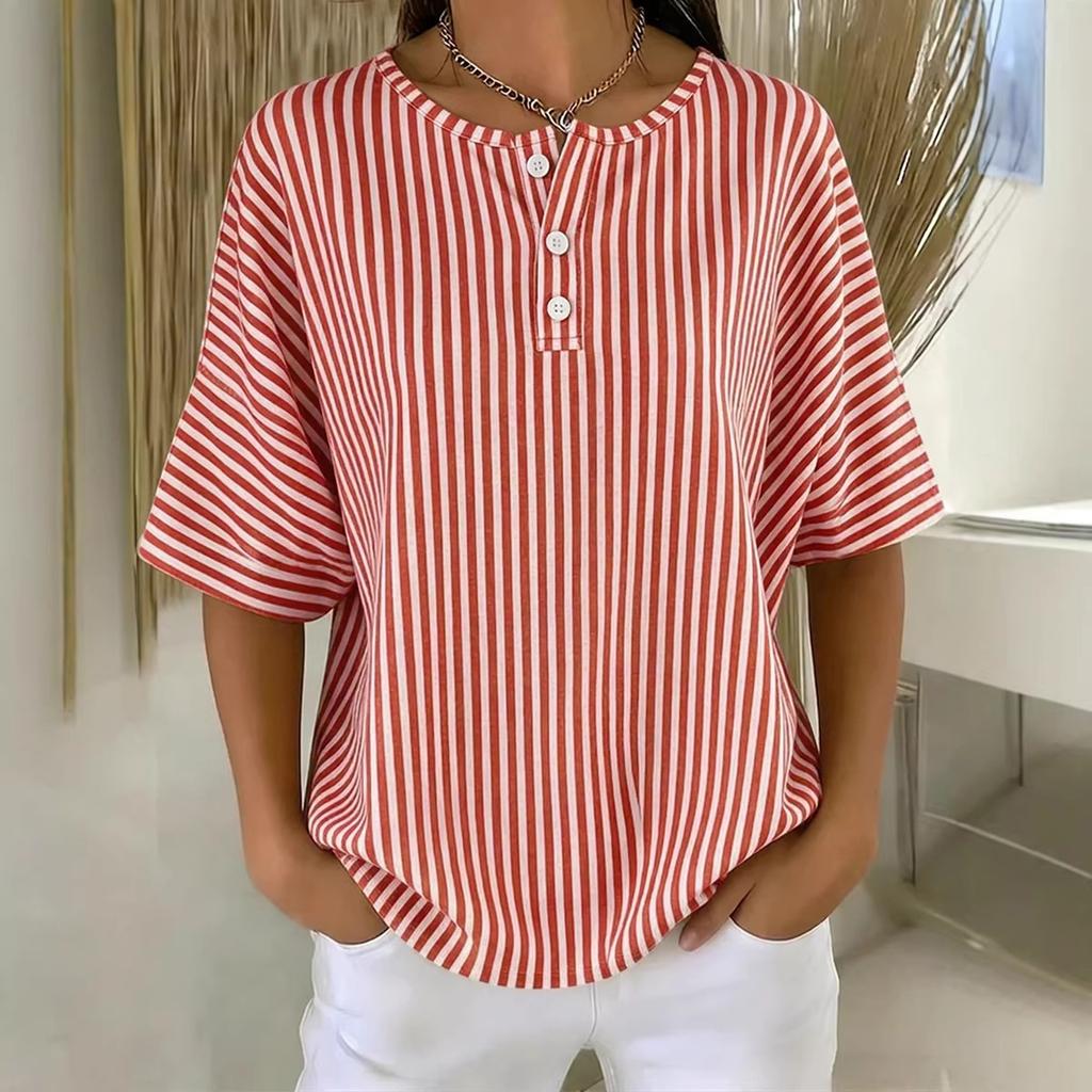 Blusa a righe a maniche corte con scollo rotondo e bottoni sul davanti, top casual ampio per l'uso quotidiano