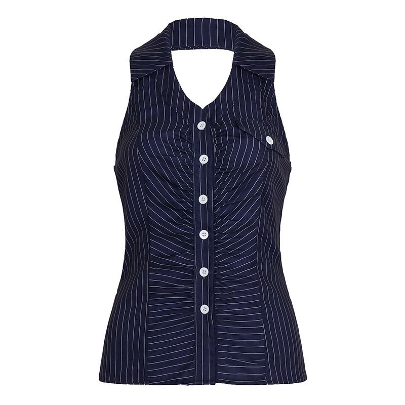 

European and American Women s Clothing Adult Lady like Woman Elegant Small Pocket Stripes Breasted Shirt V Neck Ruched Cinched Sleeveless Short Top Blue L
