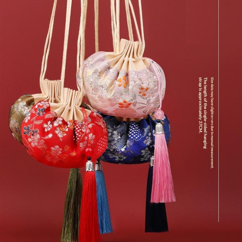 Vícebarevná střapcová květinová vzorovaná stahovací látková závěsná dekorace Čínský styl Úložná taška Prázdná sáčková peněženka