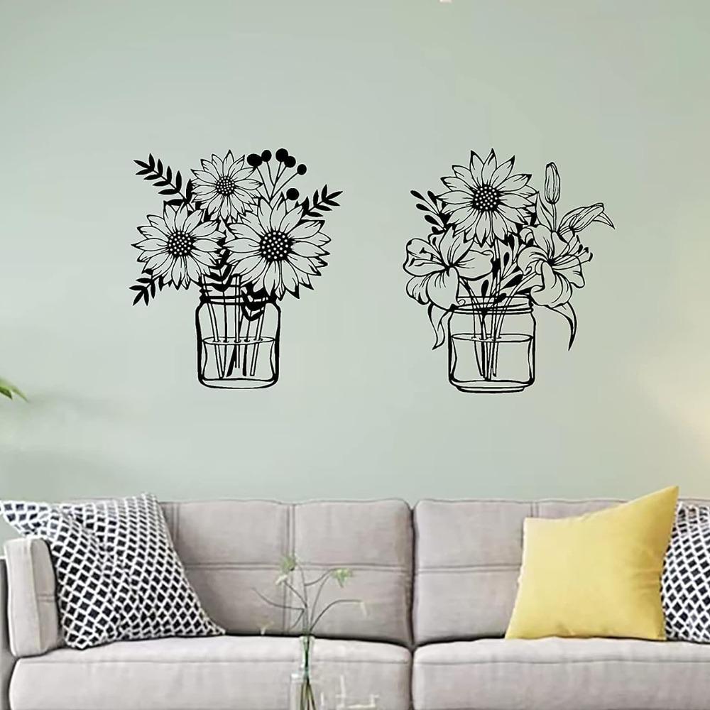 

2Pcs Iron Metal Flowers Wall Art Black Floral Home Decorations for Bathroom Living Room Home Office