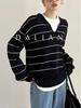 Classic French Striped V-Neck Knitwear: Old Money Style, Loose Fit, Long Sleeve Polo for Women.