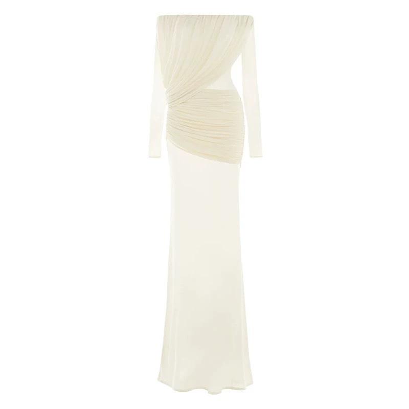 

Vietnamese niche design, one-word shoulder long-sleeved diagonal pleated mesh slim-fitting long dress L білий
