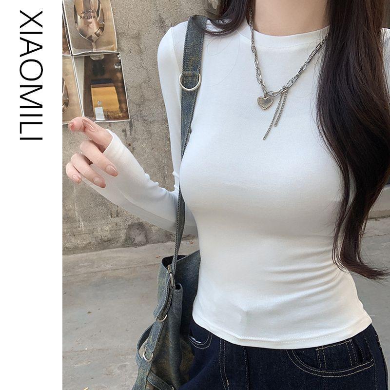 

American-Style Sexy Shoulder Long Sleeves T-Shirt Women s Autumn Slim Fit Inner Wear Slim Looking Bottoming Shirt Stylish round Neck Tops Ins White XL